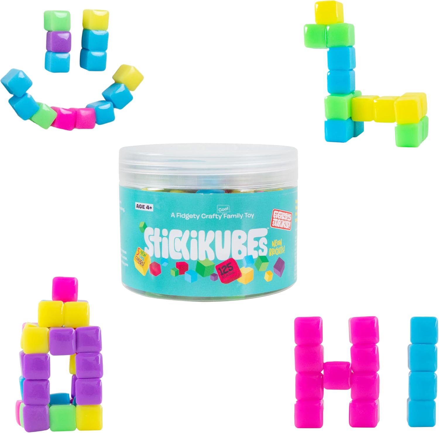 StickiKubes, Mini Stacking Cubes That Stick to Anything, Non Toxic Kid Safe Sticky Blocks, Creative Construction Toy - 125 Cubes