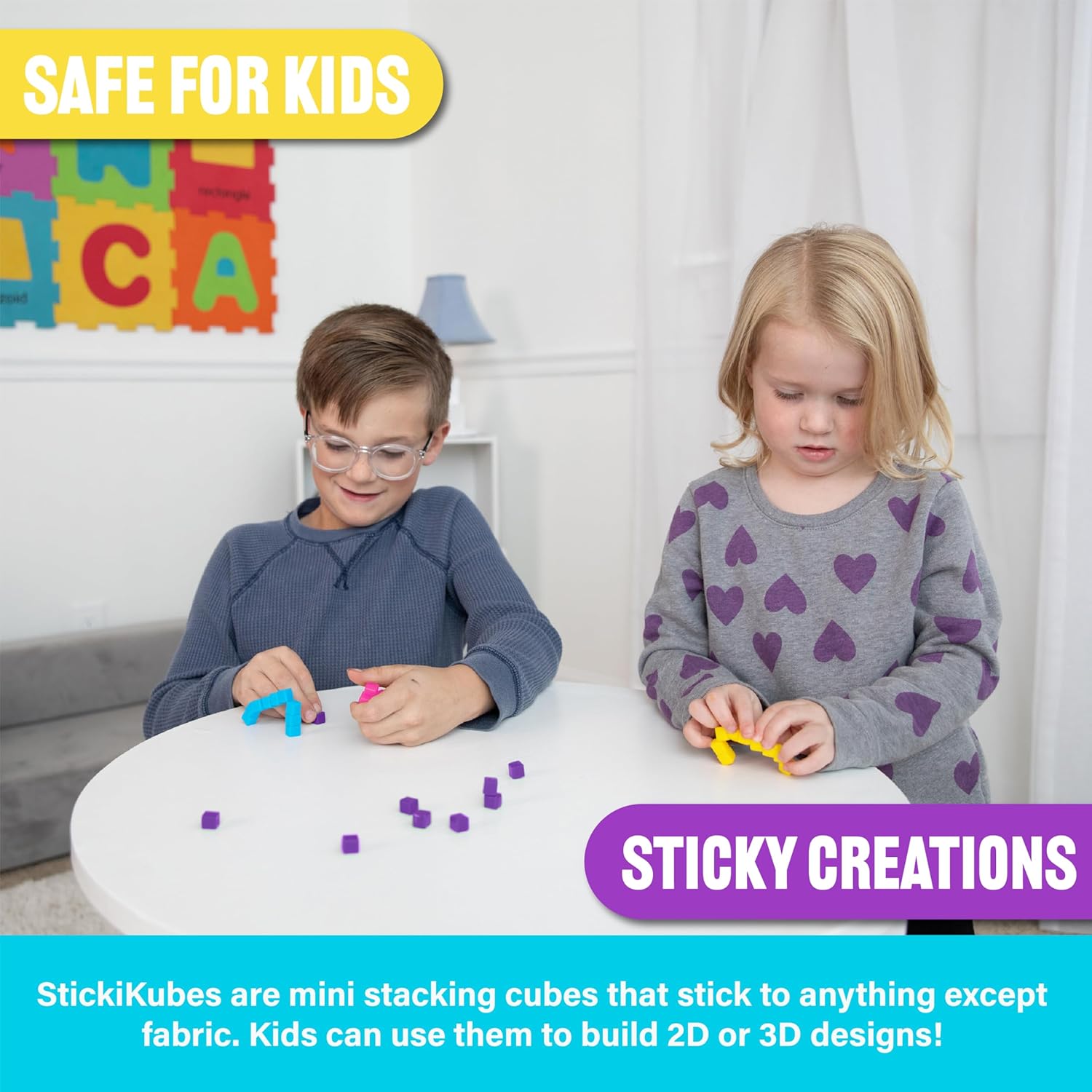 StickiKubes, Mini Stacking Cubes That Stick to Anything, Non Toxic Kid Safe Sticky Blocks, Creative Construction Toy - 125 Cubes